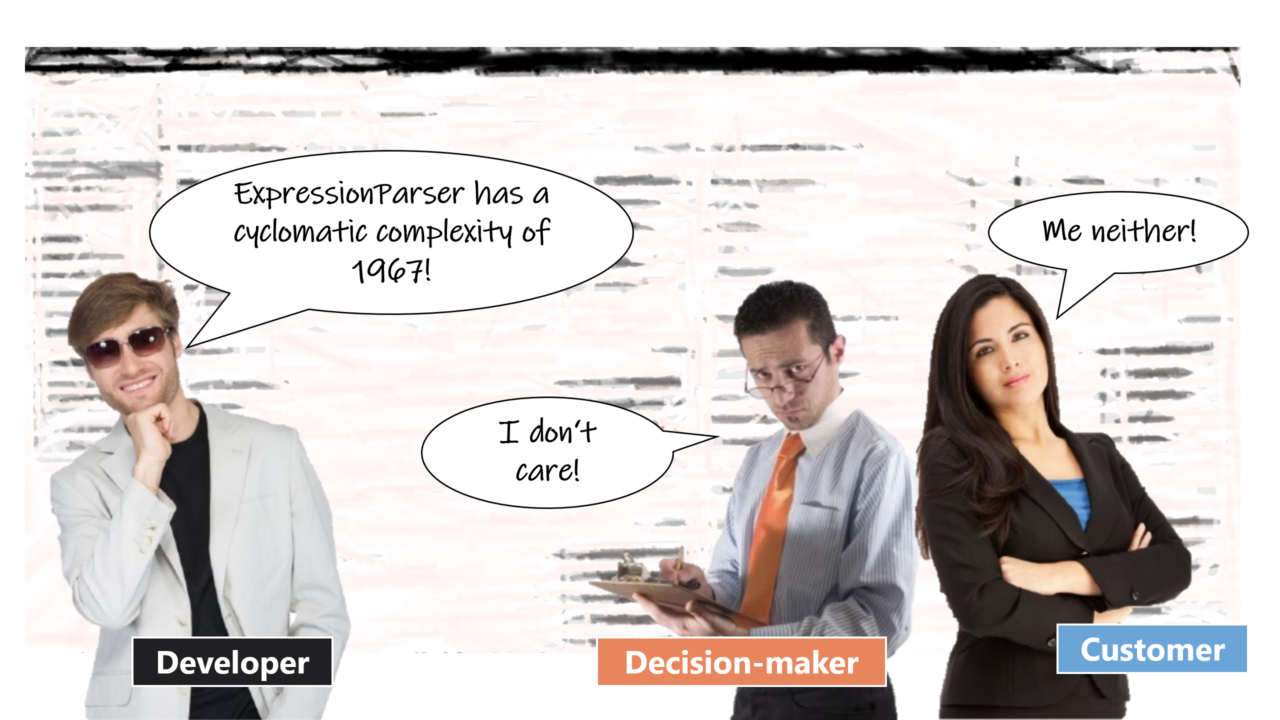 A developer complains about the huge technical debt in an application. The decision-maker and the customer don't care.